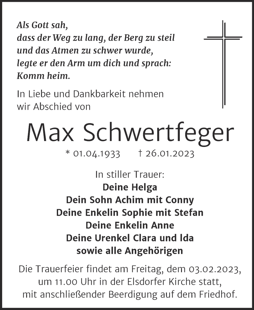  Traueranzeige für Max Schwertfeger vom 01.02.2023 aus Trauerkombi Köthen