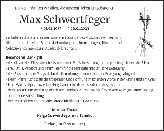 Traueranzeige von Max Schwertfeger von Trauerkombi Köthen