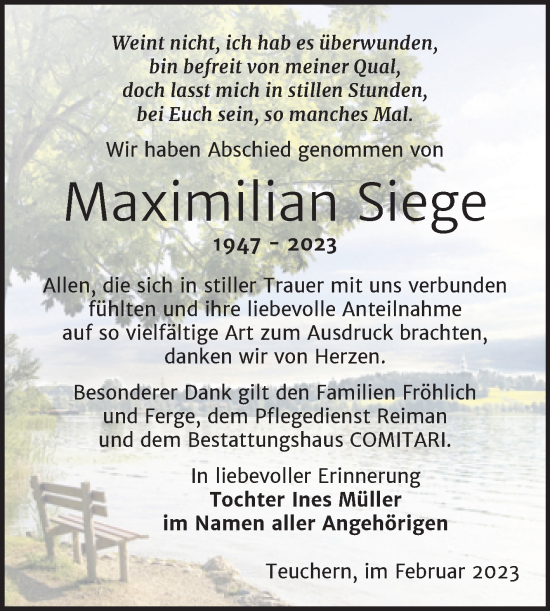 Traueranzeige von Maximilian Siege von Trauerkombi Weißenfels