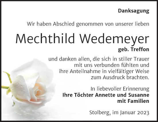 Traueranzeige von Mechthild Wedemeyer von Trauerkombi Sangerhausen