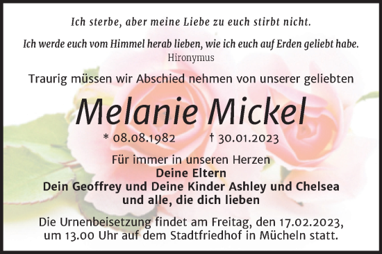 Traueranzeige von Melanie Mickel von Trauerkombi Merseburg