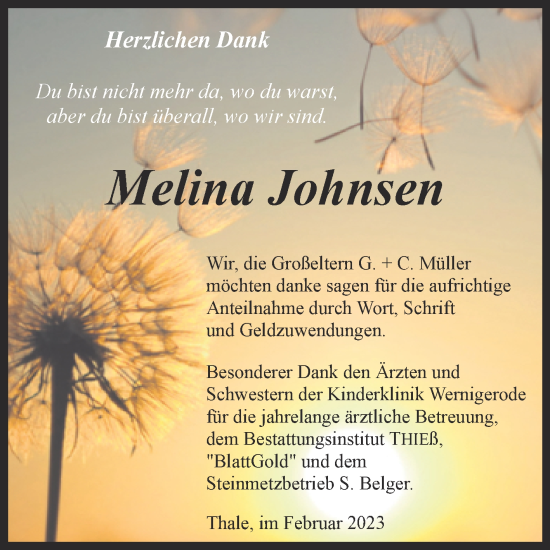 Traueranzeige von Melina Johnsen von Trauerkombi Quedlinburg