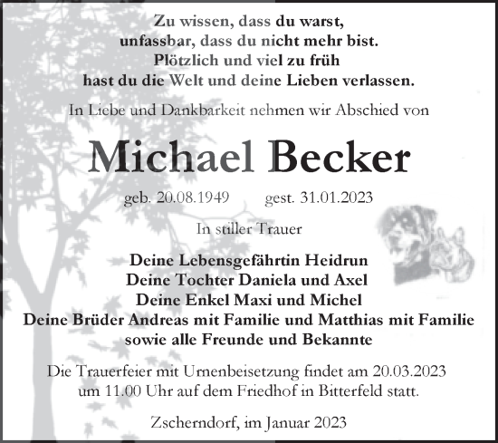 Traueranzeige von Michael Becker von Trauerkombi Bitterfeld