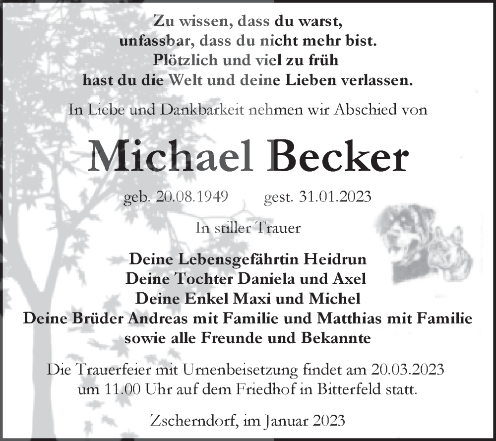  Traueranzeige für Michael Becker vom 11.02.2023 aus Trauerkombi Bitterfeld