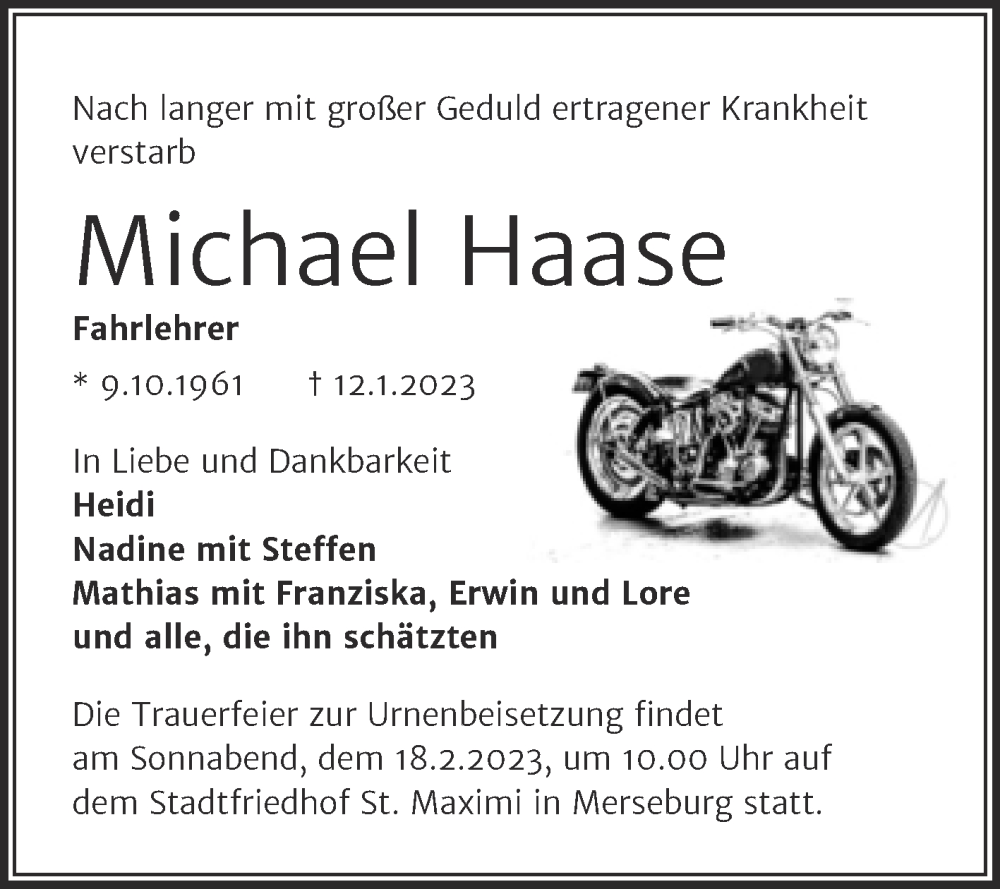  Traueranzeige für Michael Haase vom 04.02.2023 aus Trauerkombi Merseburg