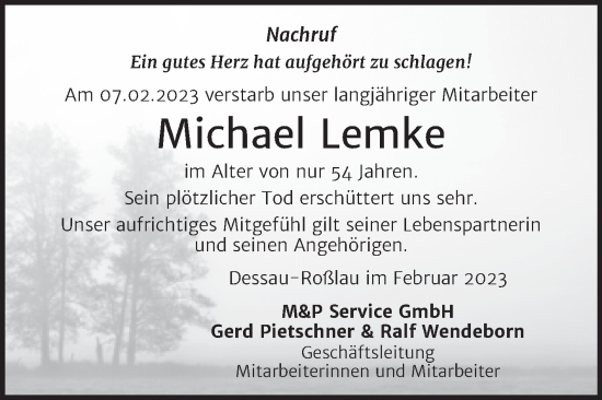Traueranzeige von Michael Lemke von Wochenspiegel Dessau-Roßlau