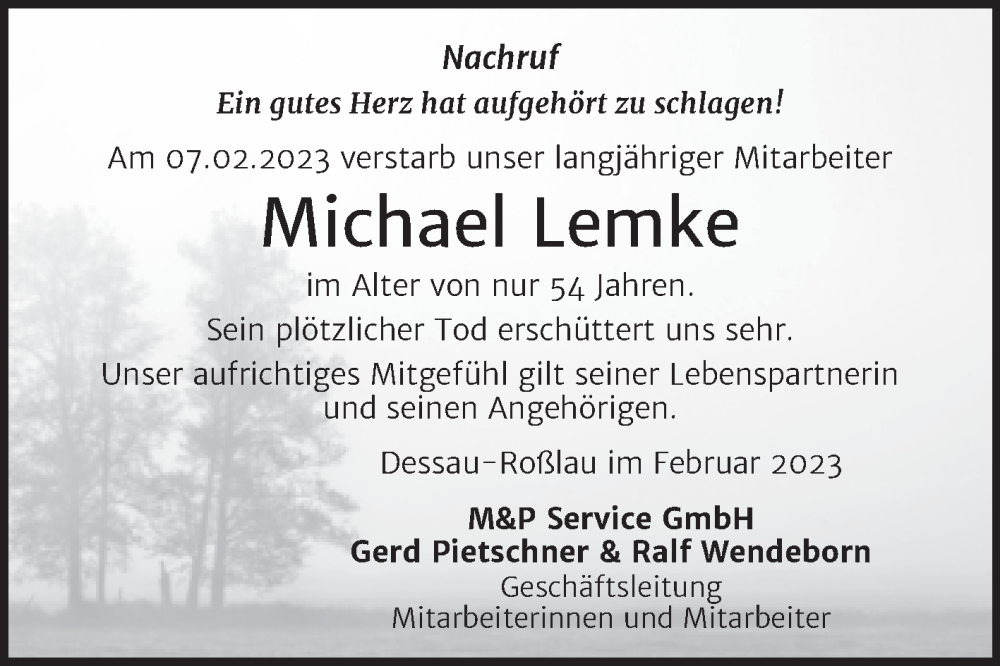  Traueranzeige für Michael Lemke vom 22.02.2023 aus Wochenspiegel Dessau-Roßlau