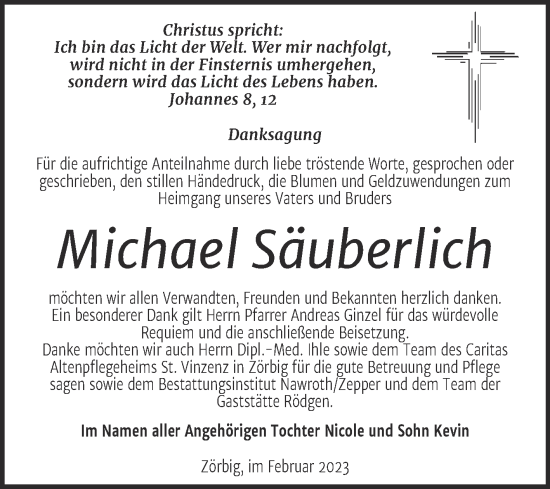 Traueranzeige von Michael Säuberlich von Trauerkombi Bitterfeld