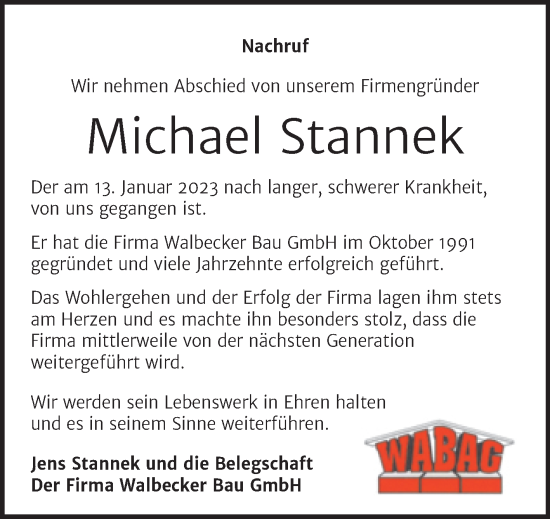 Traueranzeige von Michael Stannek von Super Sonntag Mansfelder Land