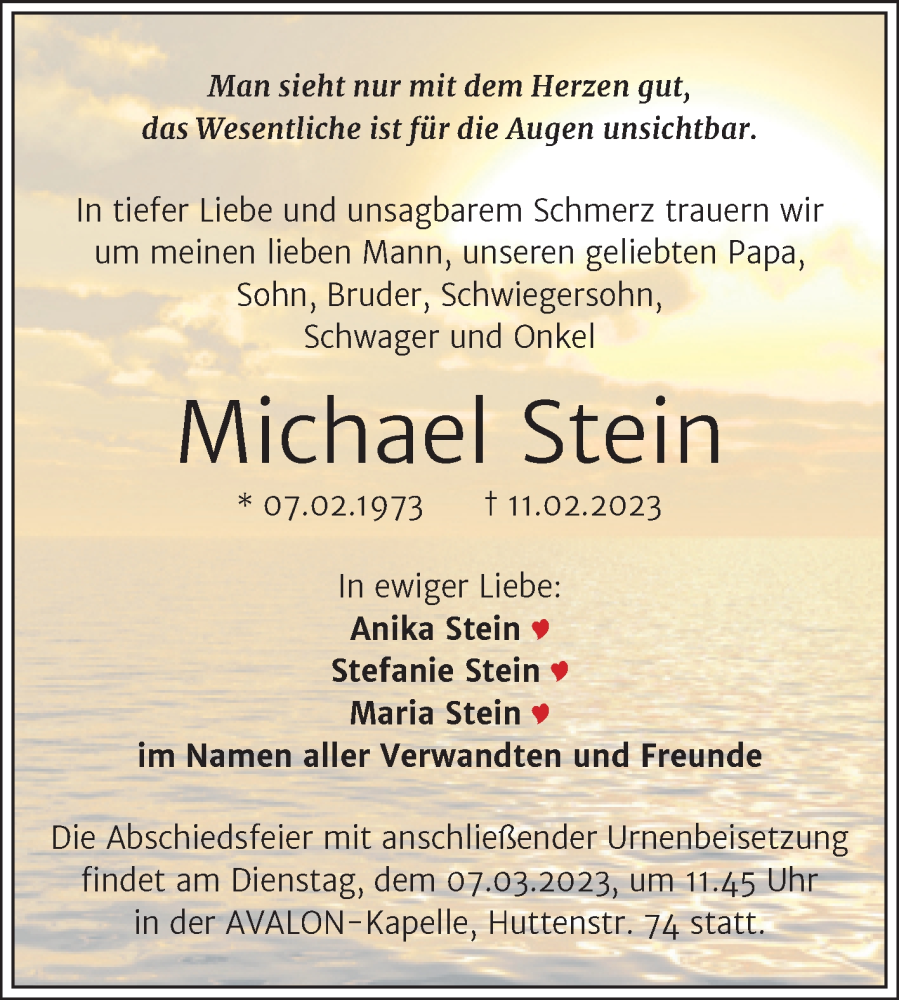  Traueranzeige für Michael Stein vom 25.02.2023 aus Mitteldeutsche Zeitung Halle/Saalkreis