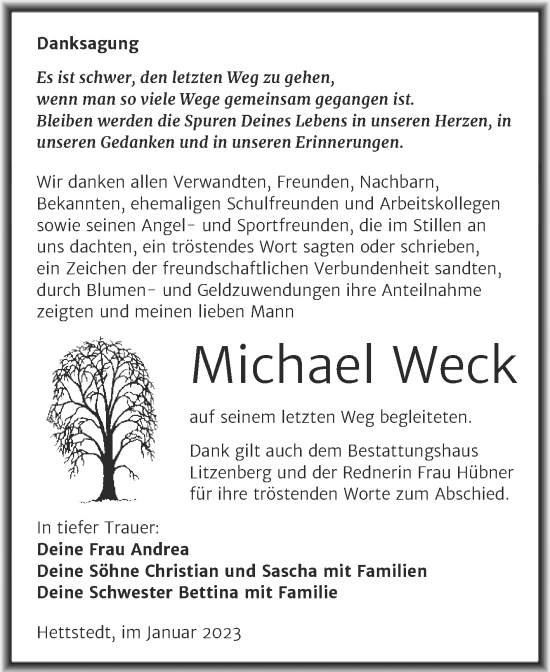 Traueranzeige von Michael Weck von Trauerkombi Mansfelder Land