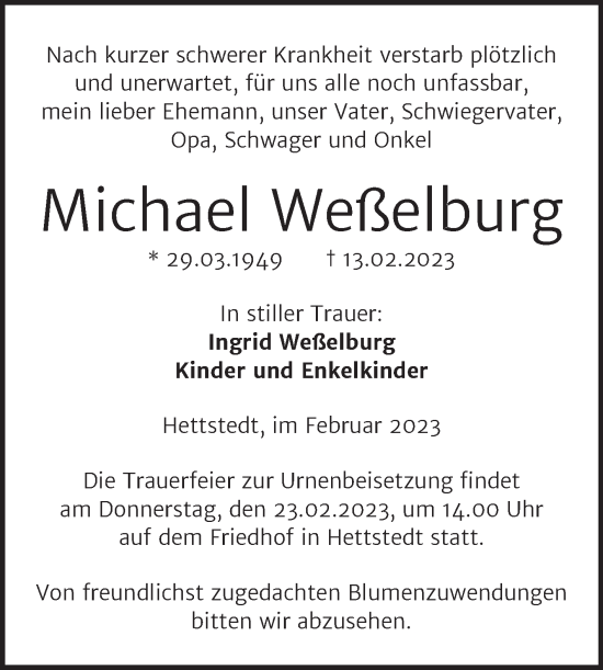 Traueranzeige von Michael Weßelburg von Trauerkombi Mansfelder Land