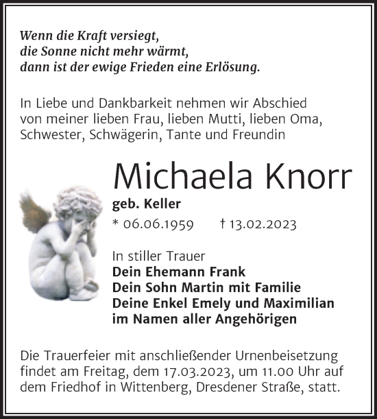 Traueranzeige von Michaela Knorr von Trauerkombi Wittenberg
