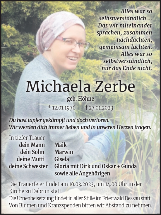 Traueranzeige von Michaela Zerbe von Trauerkombi Wittenberg