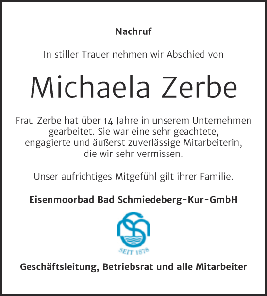 Traueranzeige von Michaela Zerbe von Mitteldeutsche Zeitung