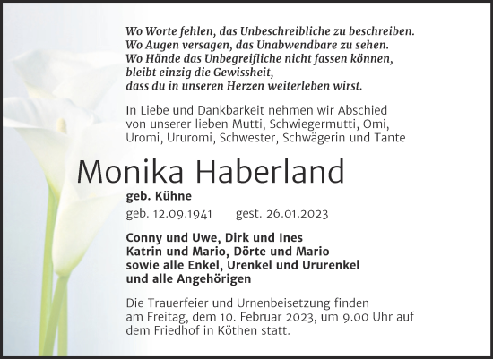 Traueranzeige von Monika Haberland von Trauerkombi Köthen