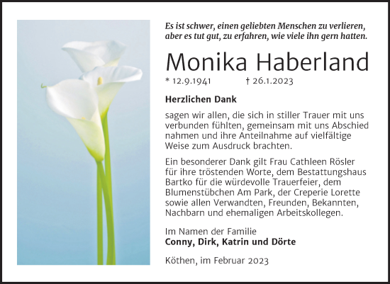 Traueranzeige von Monika Haberland von Trauerkombi Köthen