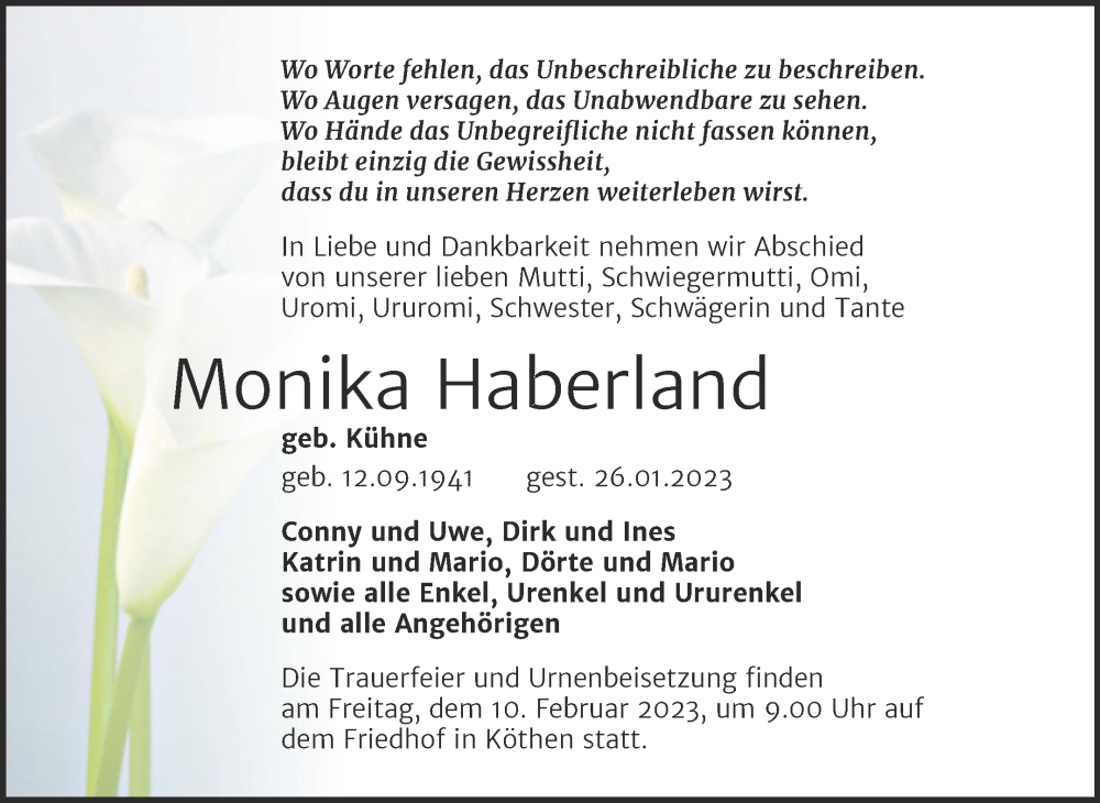  Traueranzeige für Monika Haberland vom 02.02.2023 aus Trauerkombi Köthen