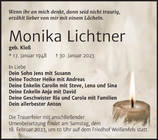 Traueranzeige von Monika Lichtner von Trauerkombi Weißenfels