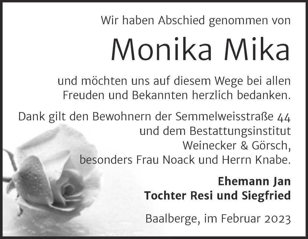  Traueranzeige für Monika Mika vom 18.02.2023 aus Trauerkombi Bernburg