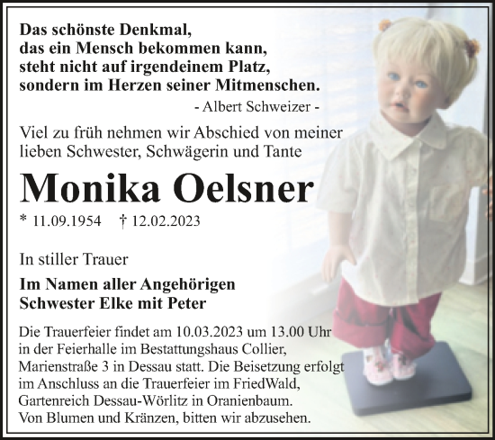 Traueranzeige von Monika Oelsner von Trauerkombi Dessau