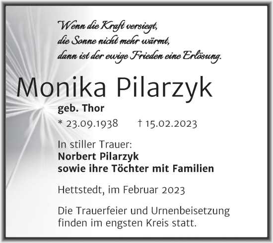 Traueranzeige von Monika Pilarzyk von Trauerkombi Mansfelder Land