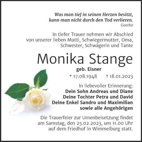 Traueranzeige von Monika Stange von Trauerkombi Mansfelder Land
