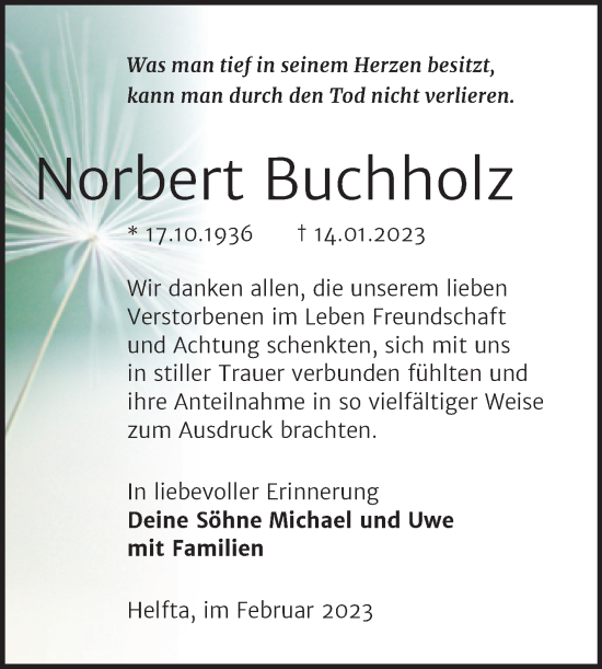 Traueranzeige von Norbert Buchholz von Trauerkombi Mansfelder Land