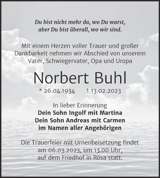 Traueranzeige von Norbert Buhl von Trauerkombi Bitterfeld