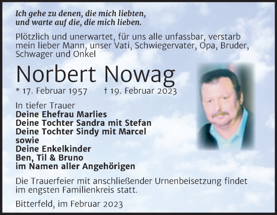 Traueranzeige von Norbert Nowag von Trauerkombi Bitterfeld