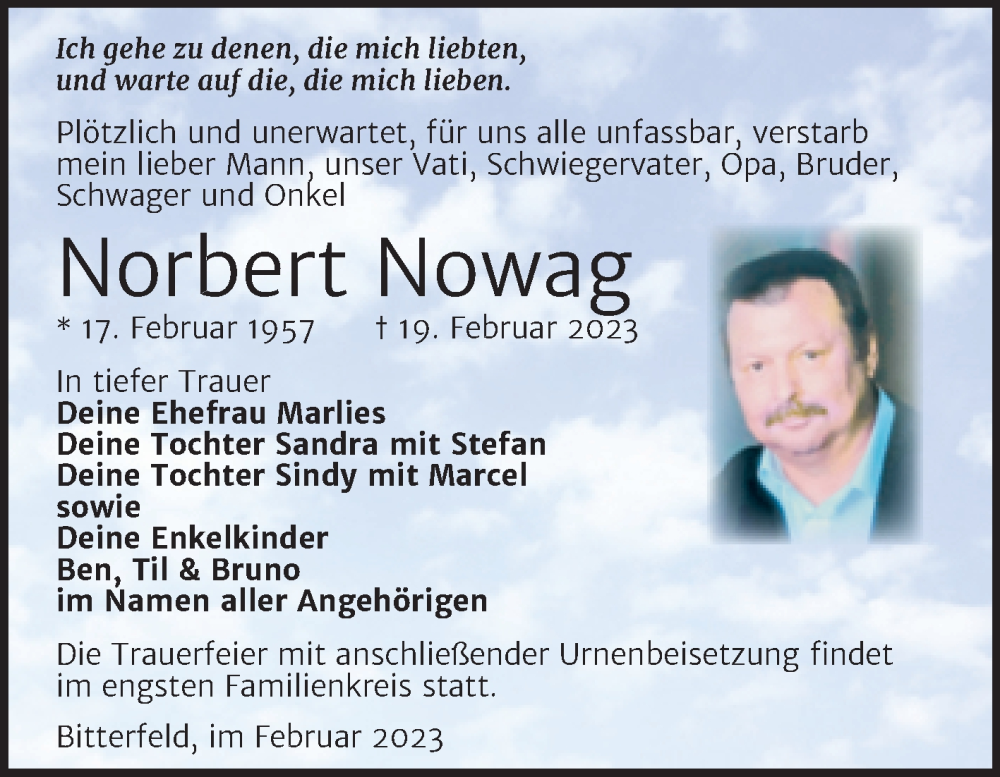  Traueranzeige für Norbert Nowag vom 25.02.2023 aus Trauerkombi Bitterfeld