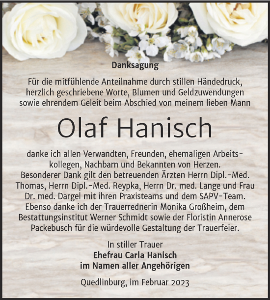 Traueranzeige von Olaf Hanisch von Trauerkombi Quedlinburg