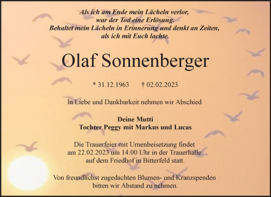 Traueranzeige von Olaf Sonnenberger von Trauerkombi Bitterfeld