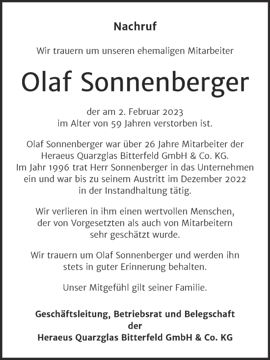 Traueranzeige von Olaf Sonnenberger von Mitteldeutsche Zeitung Bitterfeld