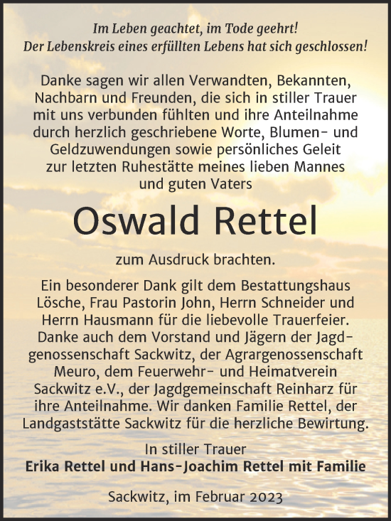 Traueranzeige von Oswald Rettel von Trauerkombi Wittenberg