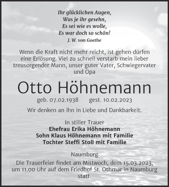 Traueranzeige von Otto Höhnemann von Naumburger Tageblatt