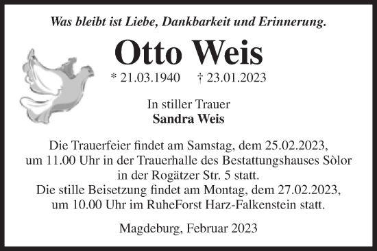 Traueranzeige von Otto Weis von Mitteldeutsche Zeitung Aschersleben