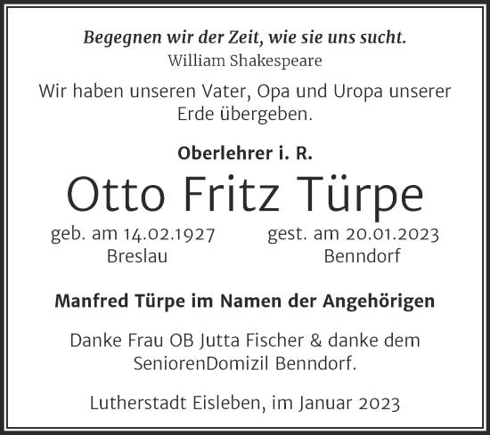 Traueranzeige von Otto Fritz Türpe von Trauerkombi Mansfelder Land