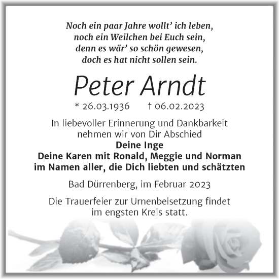 Traueranzeige von Peter Arndt von Trauerkombi Merseburg