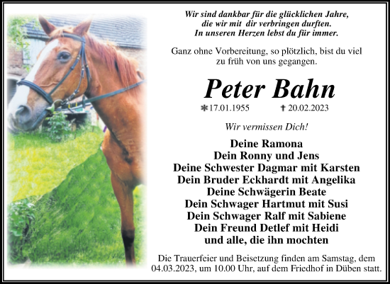 Traueranzeige von Peter Bahn von Trauerkombi Wittenberg