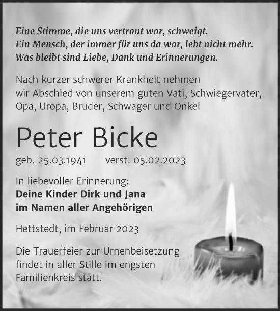 Traueranzeige von Peter Bicke von Trauerkombi Mansfelder Land