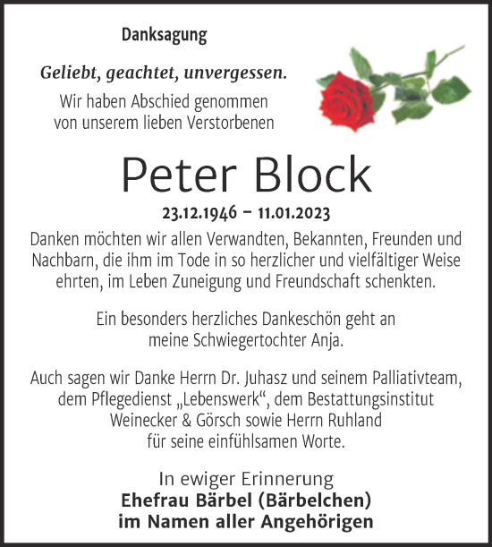 Traueranzeige von Peter Block von Trauerkombi Bernburg
