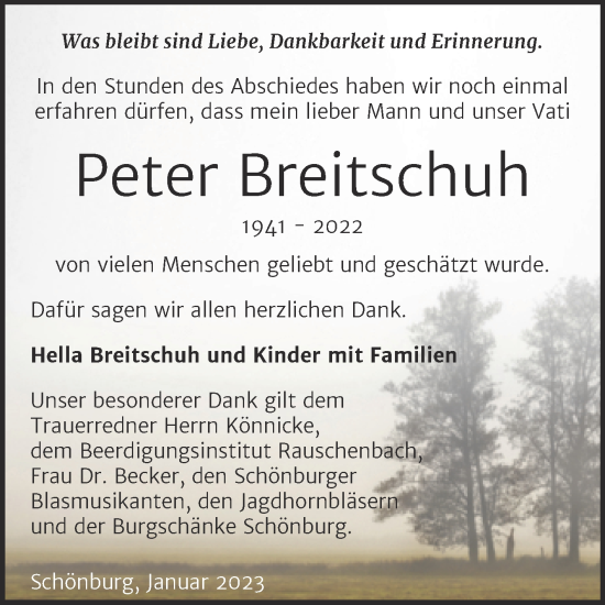Traueranzeige von Peter Breitschuh von Wochenspiegel Naumburg/Nebra