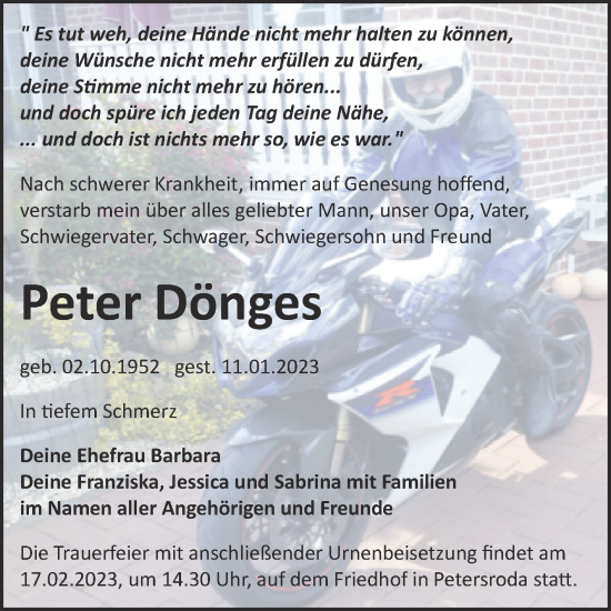 Traueranzeige von Peter Dönges von Trauerkombi Bitterfeld