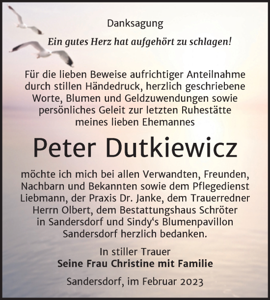 Traueranzeige von Peter Dutkiewicz von Trauerkombi Bitterfeld