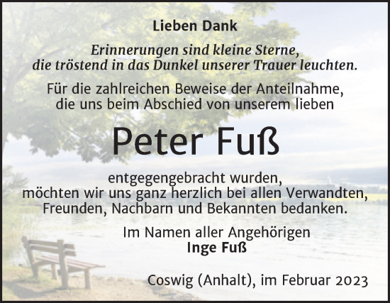 Traueranzeige von Peter Fuß von Trauerkombi Wittenberg