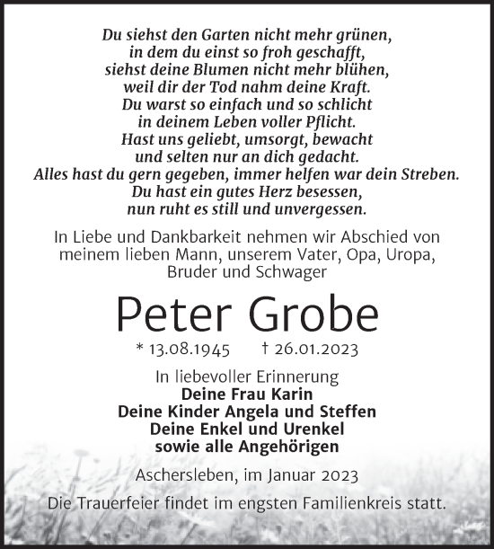 Traueranzeige von Peter Grobe von Trauerkombi Aschersleben
