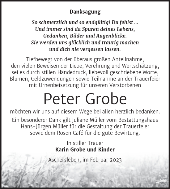 Traueranzeige von Peter Grobe von Trauerkombi Aschersleben