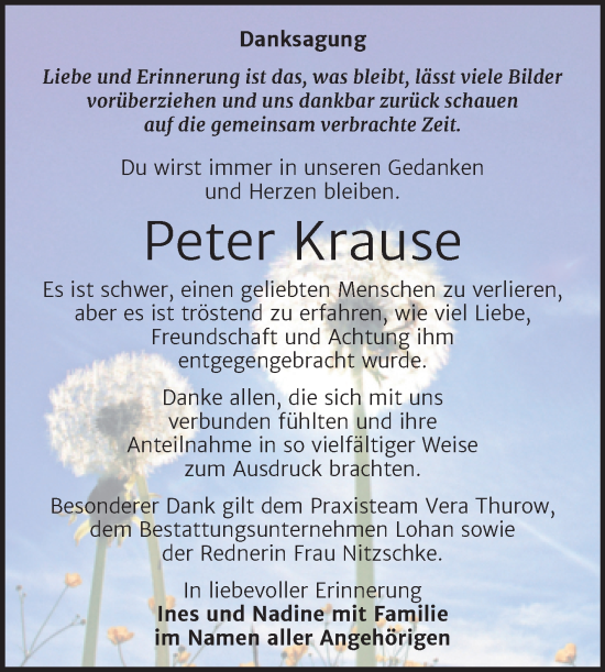 Traueranzeige von Peter Krause von Trauerkombi Bitterfeld