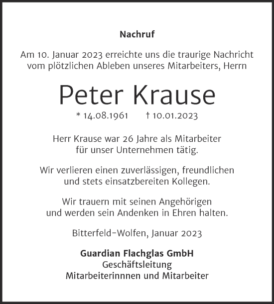 Traueranzeige von Peter Krause von Wochenspiegel Bitterfeld